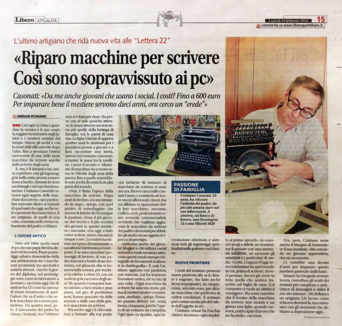 Libero quotidiano 190218 CMC Artigiano restauro macchine per scrivere Olivetti 3397458418 - www.marinoripara.com
